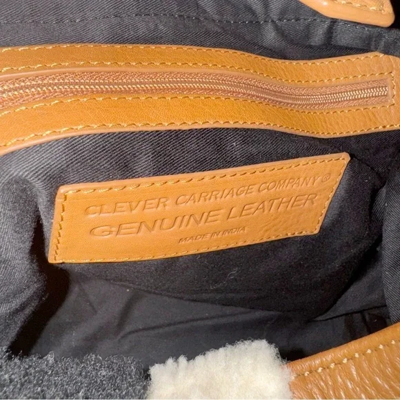 Clever Carriage Tan Leather Hobo Bag Shearling Detail EarPod Case Cowboy Rodeo - Picture 11 of 14